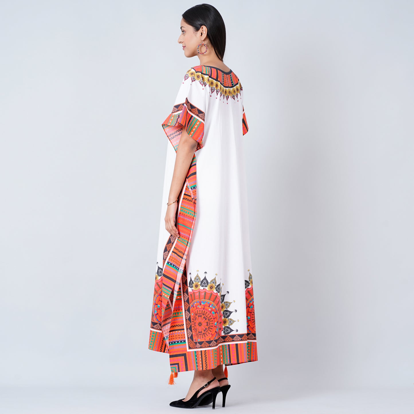 White and Pink Tribal Full Length Kaftan