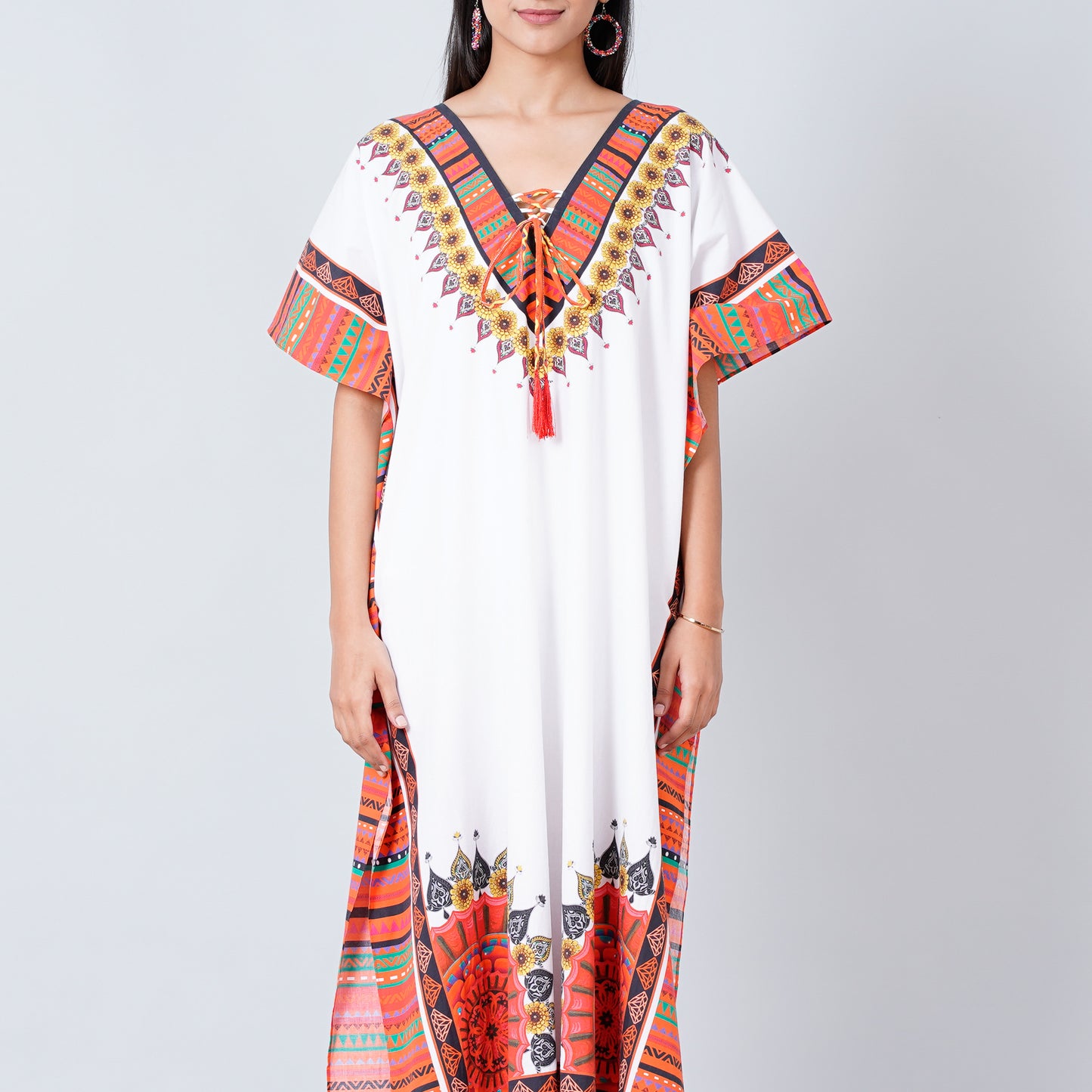 White and Pink Tribal Full Length Kaftan