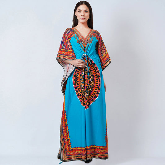 Blue Tribal Embellished Full Length Kaftan