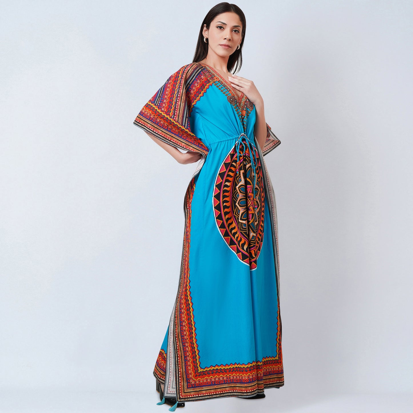 Blue Tribal Embellished Full Length Kaftan