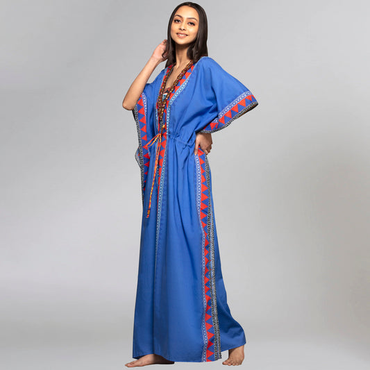 Blue Tribal Full Length Kaftan with Mirror Lace