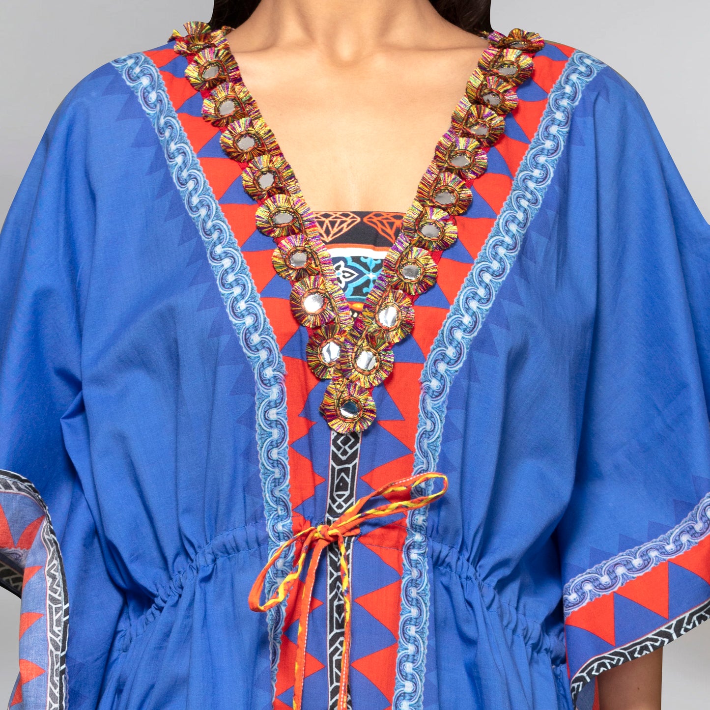 Blue Tribal Full Length Kaftan with Mirror Lace