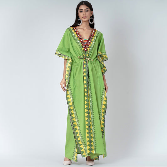Green Tribal Full Length Kaftan with Mirror Lace