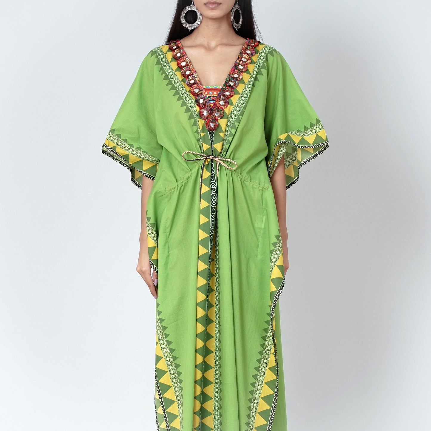 Green Tribal Full Length Kaftan with Mirror Lace