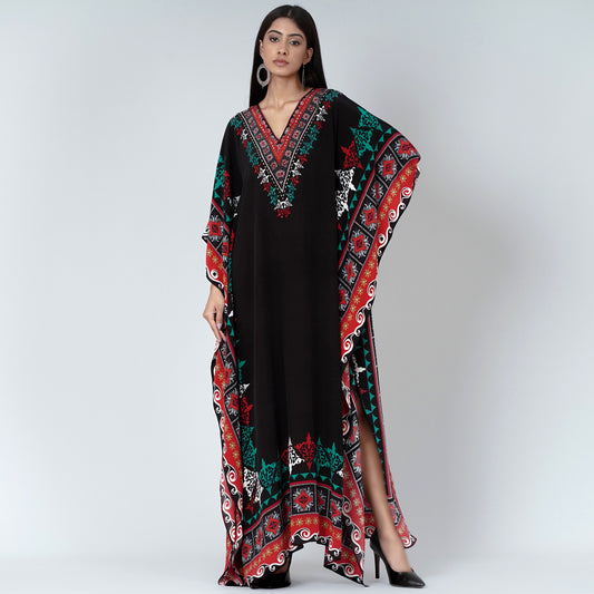 Black Mexican Print Embellished Silk Full Length Kaftan