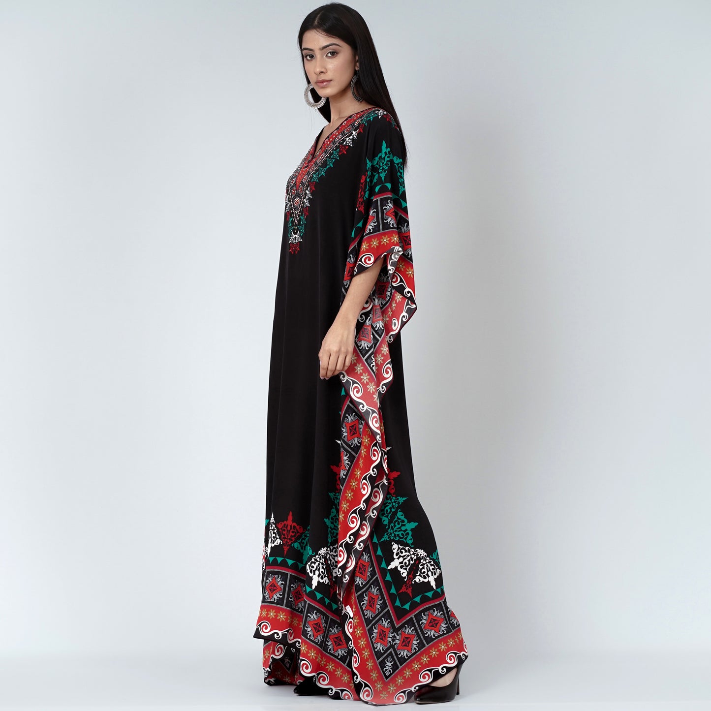 Black Mexican Print Embellished Silk Full Length Kaftan