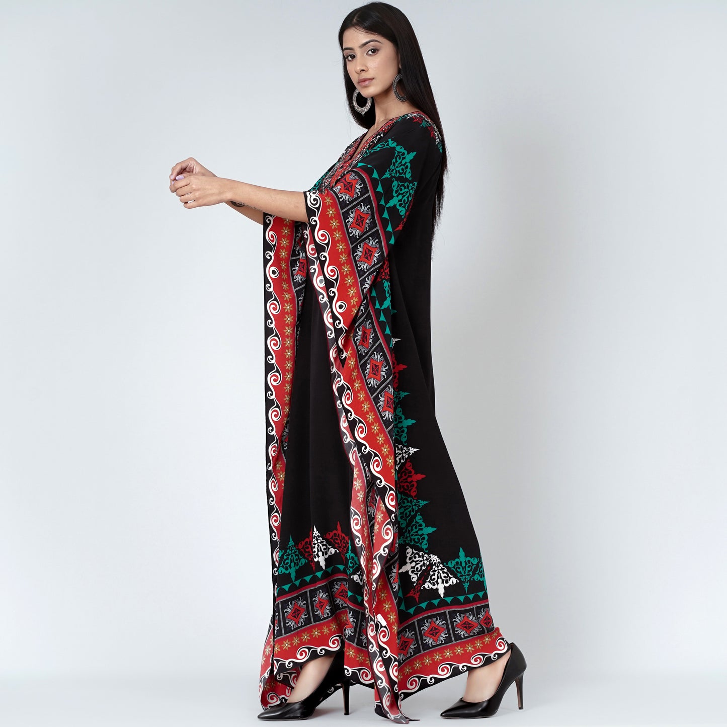 Black Mexican Print Embellished Silk Full Length Kaftan
