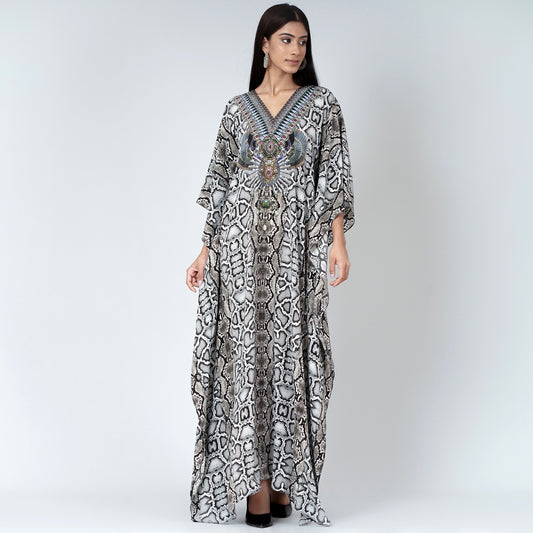 Beige Animal Print Embellished Silk Full Length Kaftan
