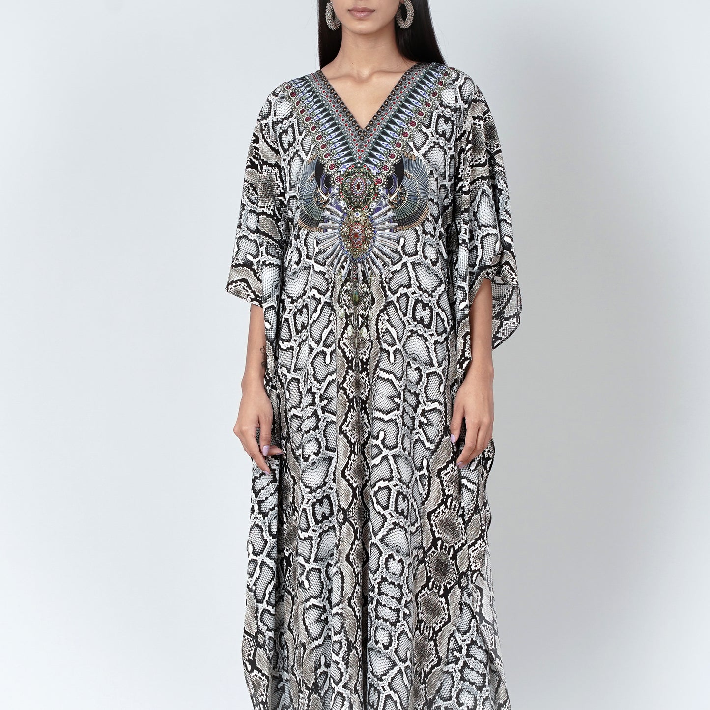 Beige Animal Print Embellished Silk Full Length Kaftan