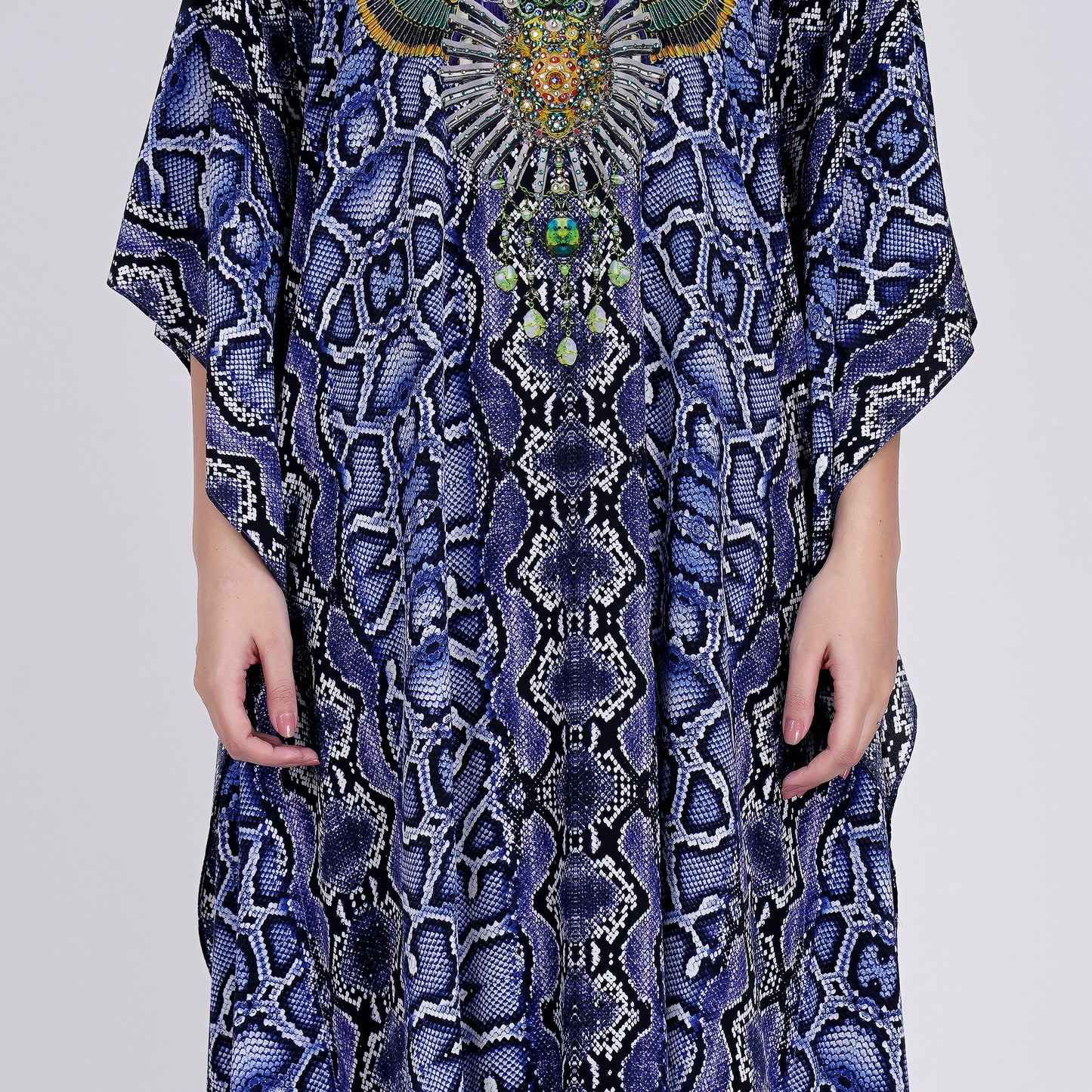 Blue Animal Print Embellished Silk Full Length Kaftan
