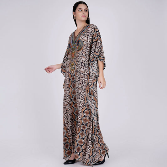 Brown Animal Print Embellished Silk Full Length Kaftan