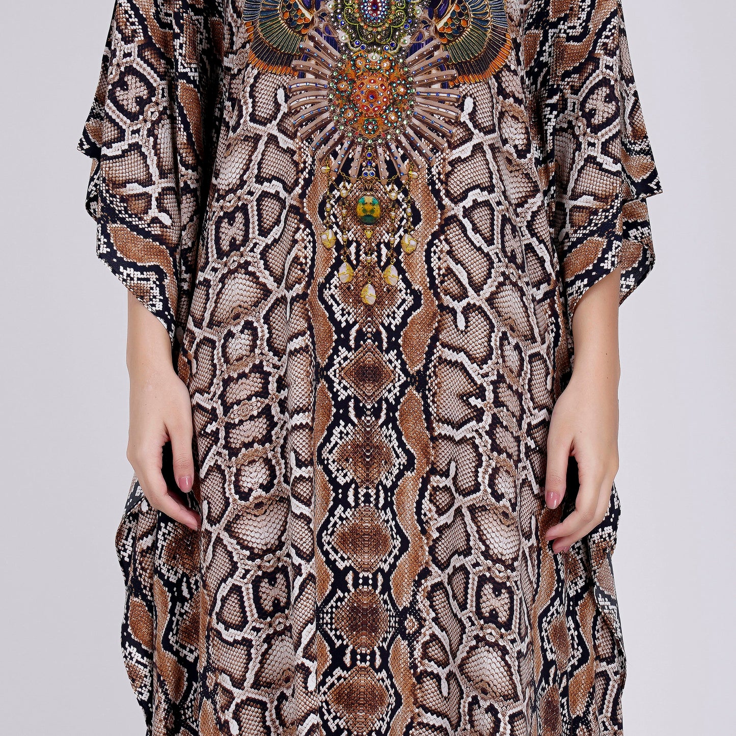 Brown Animal Print Embellished Silk Full Length Kaftan