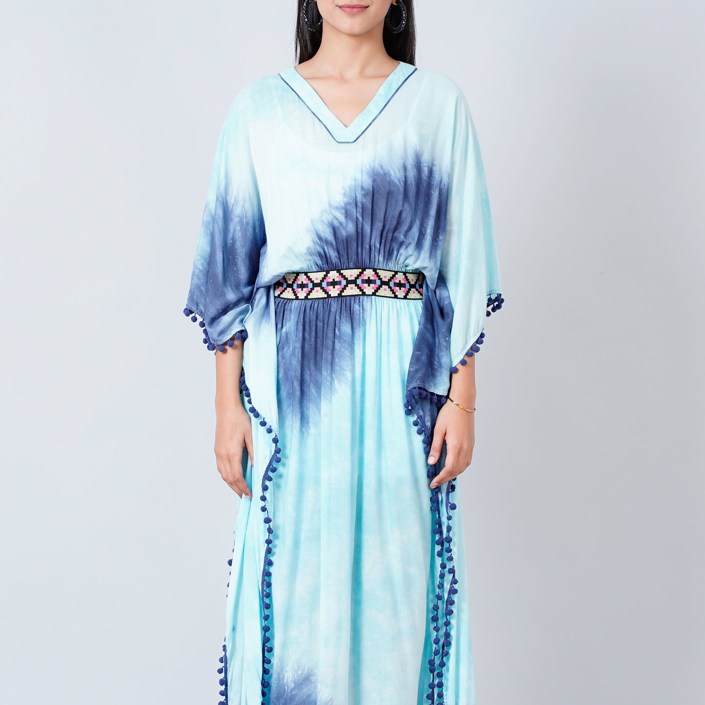 Blue Tie-Dye Full Length Kaftan with Lace