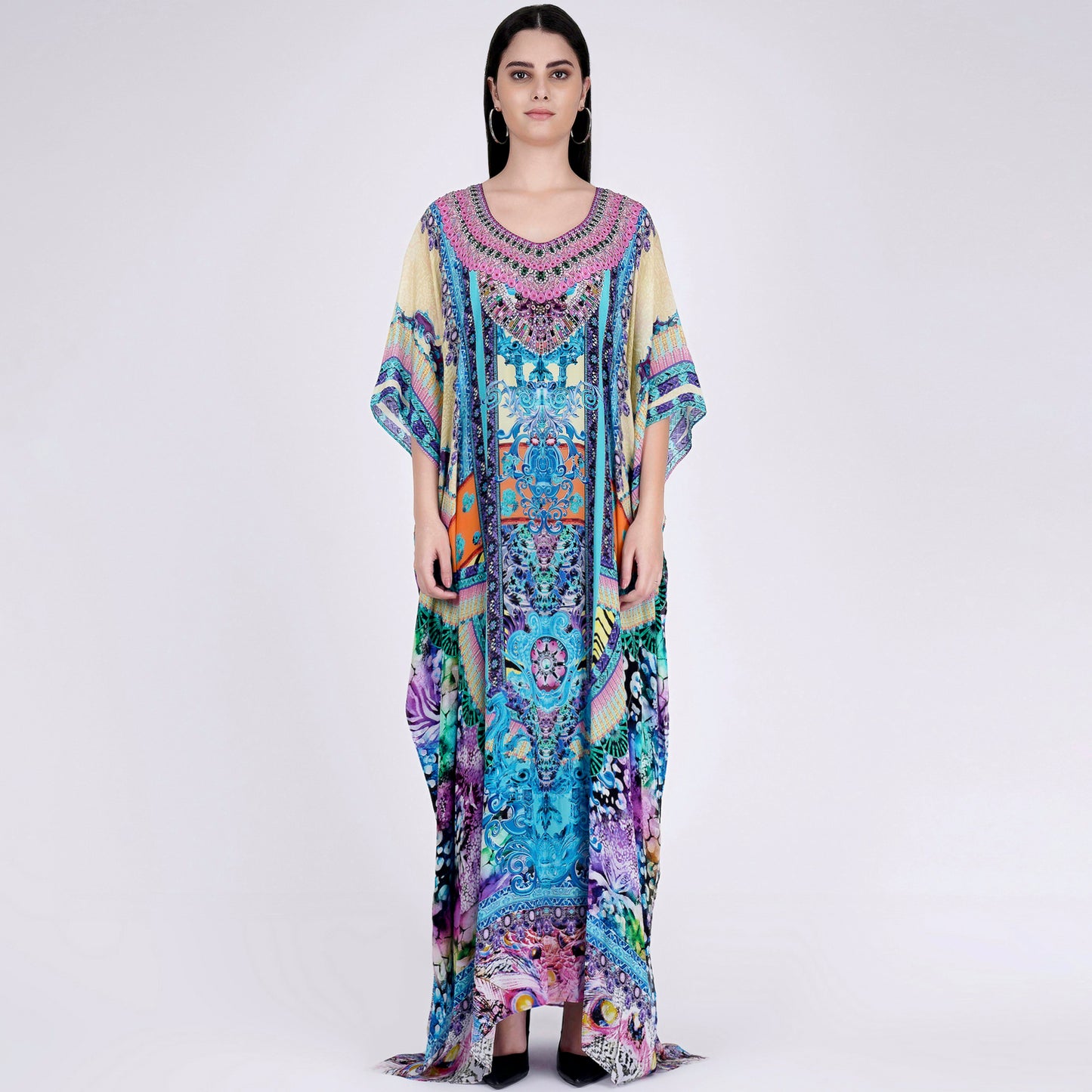 Blue and Pink Abstract Embellished Silk Full Length Kaftan