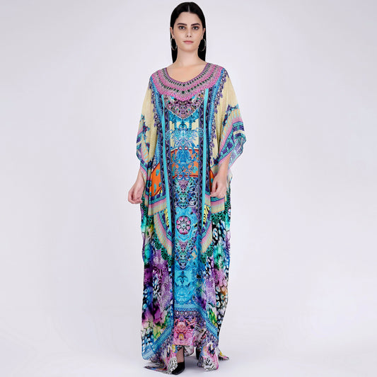 Blue and Pink Abstract Embellished Silk Full Length Kaftan