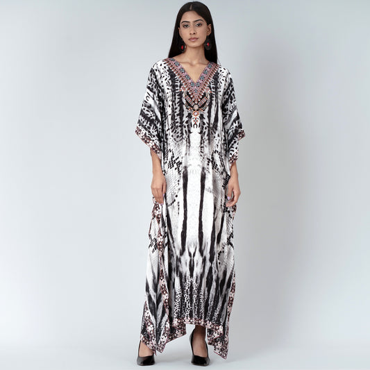 Black and White Animal Print Embellished Silk Full Length Kaftan