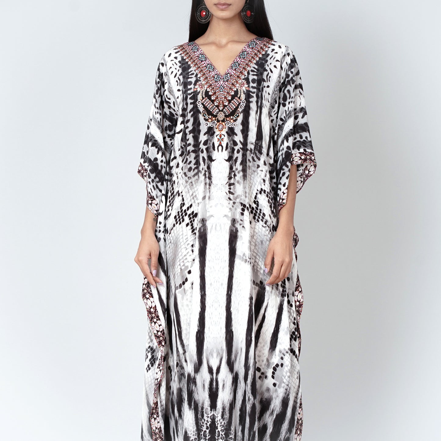 Black and White Animal Print Embellished Silk Full Length Kaftan