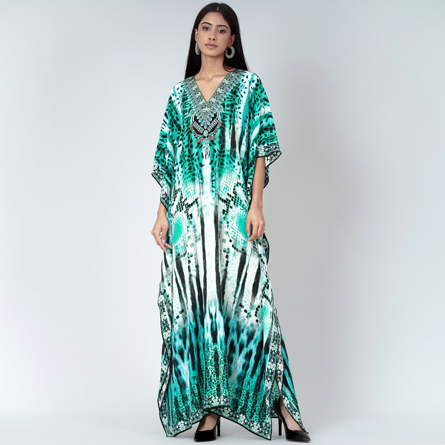 Green and Black Animal Print Embellished Silk Full Length Kaftan