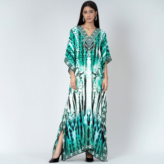 Green and Black Animal Print Embellished Silk Full Length Kaftan
