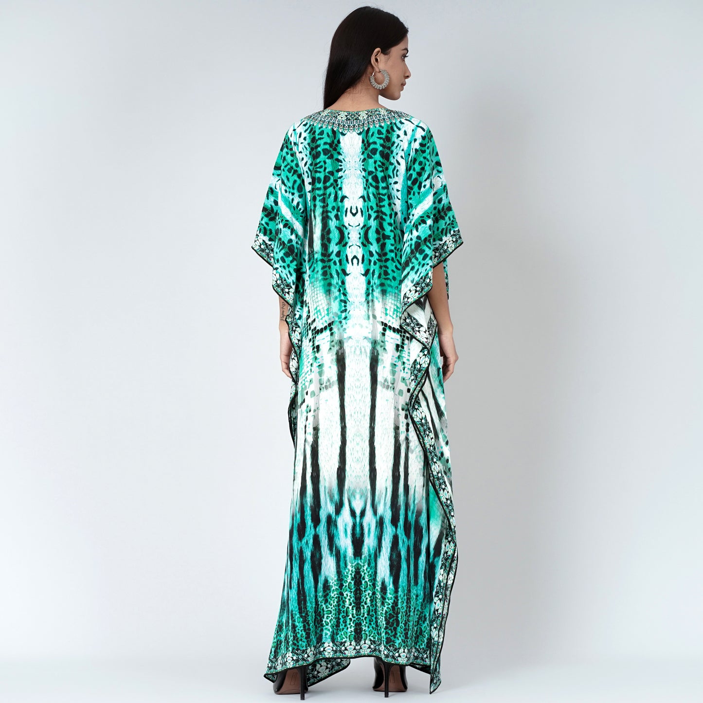 Green and Black Animal Print Embellished Silk Full Length Kaftan