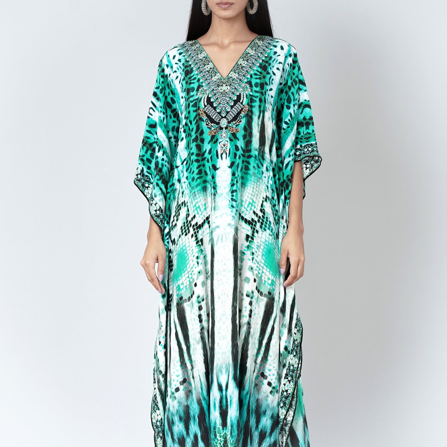 Green and Black Animal Print Embellished Silk Full Length Kaftan
