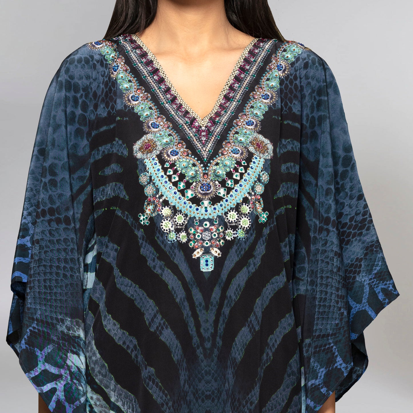 Dark Blue Python Print Embellished Silk Full Length Kaftan