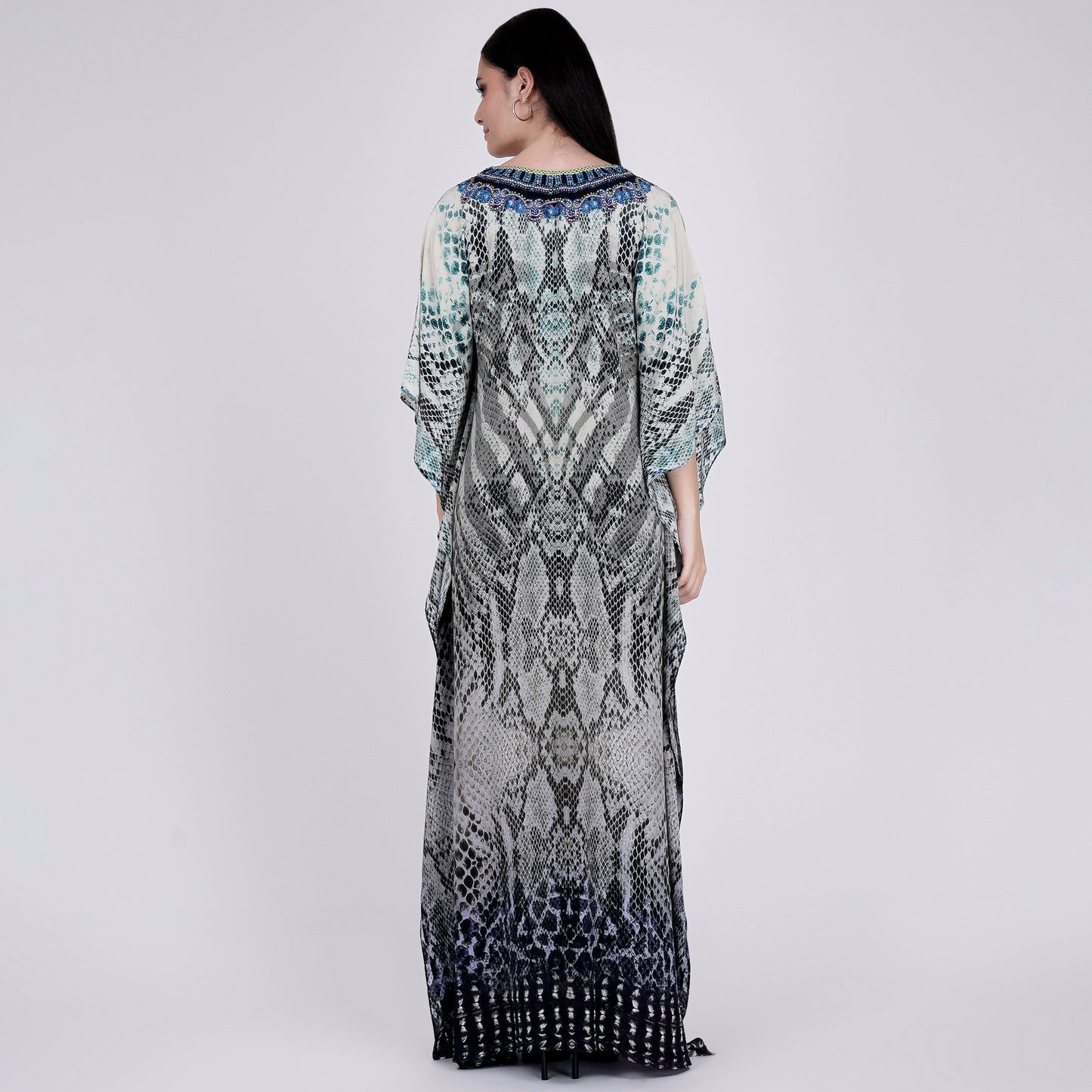 Grey and White Python Print Embellished Silk Full Length Kaftan