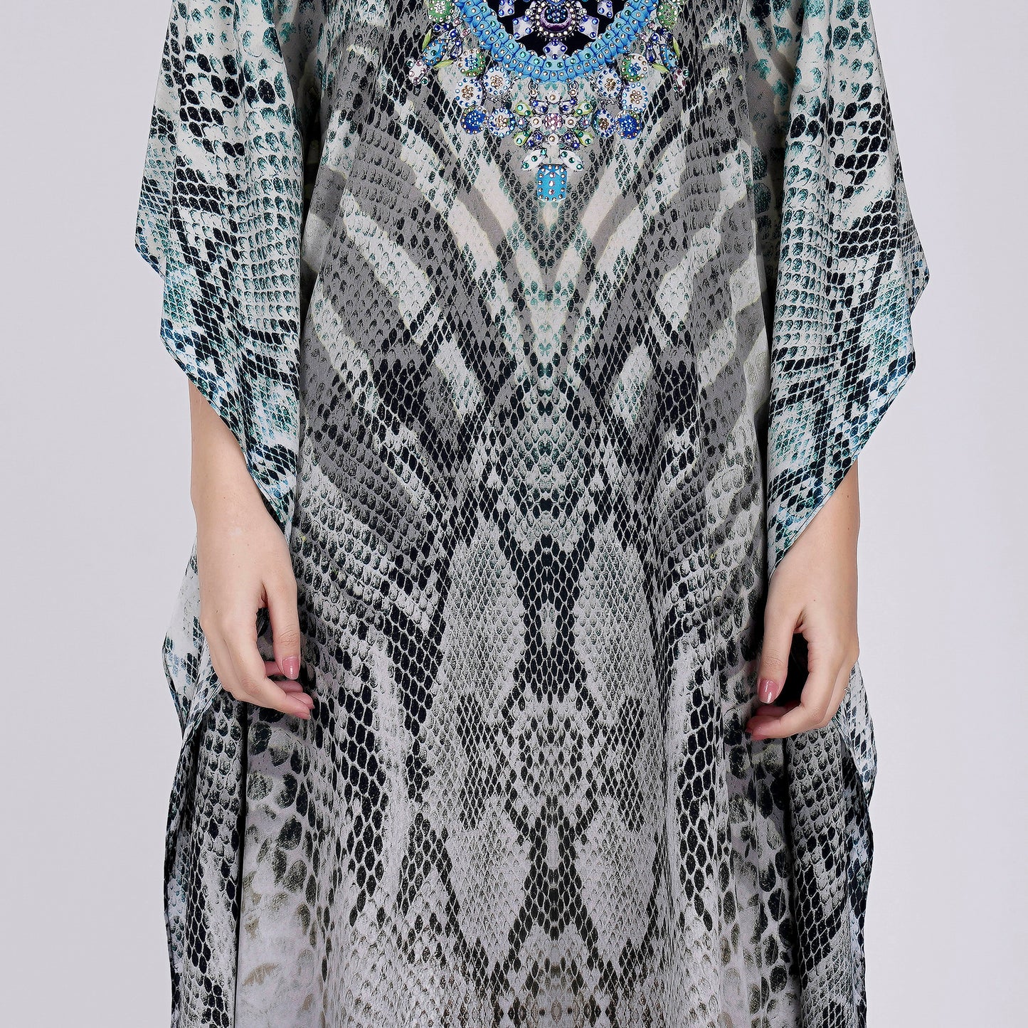 Grey and White Python Print Embellished Silk Full Length Kaftan