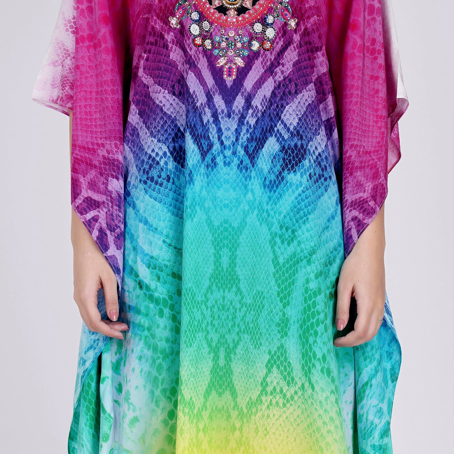 Multicoloured Python Print Embellished Silk Full Length Kaftan