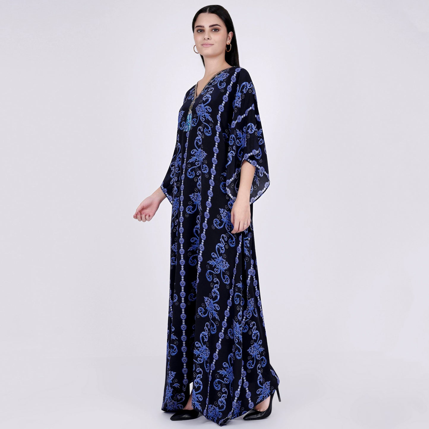 Black and Blue Embellished Silk Full Length Kaftan