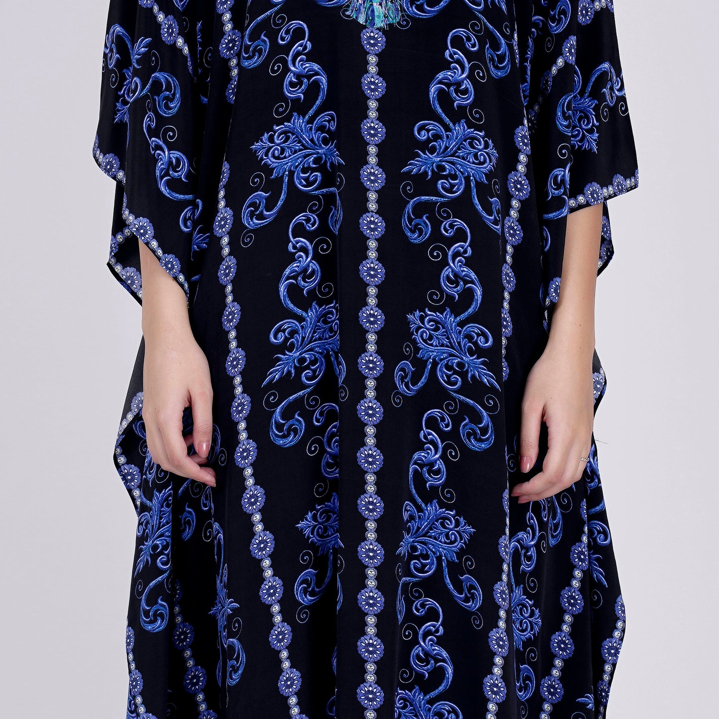 Black and Blue Embellished Silk Full Length Kaftan