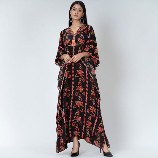 Black and Orange Embellished Silk Full Length Kaftan