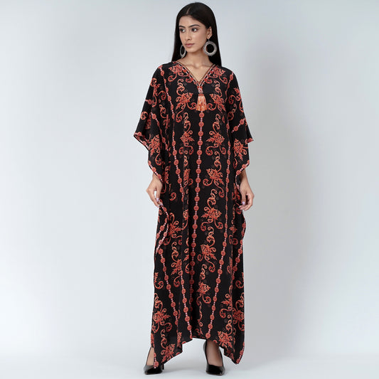 Black and Orange Embellished Silk Full Length Kaftan