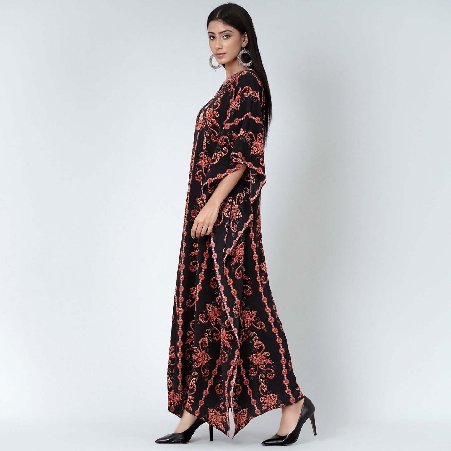 Black and Orange Embellished Silk Full Length Kaftan