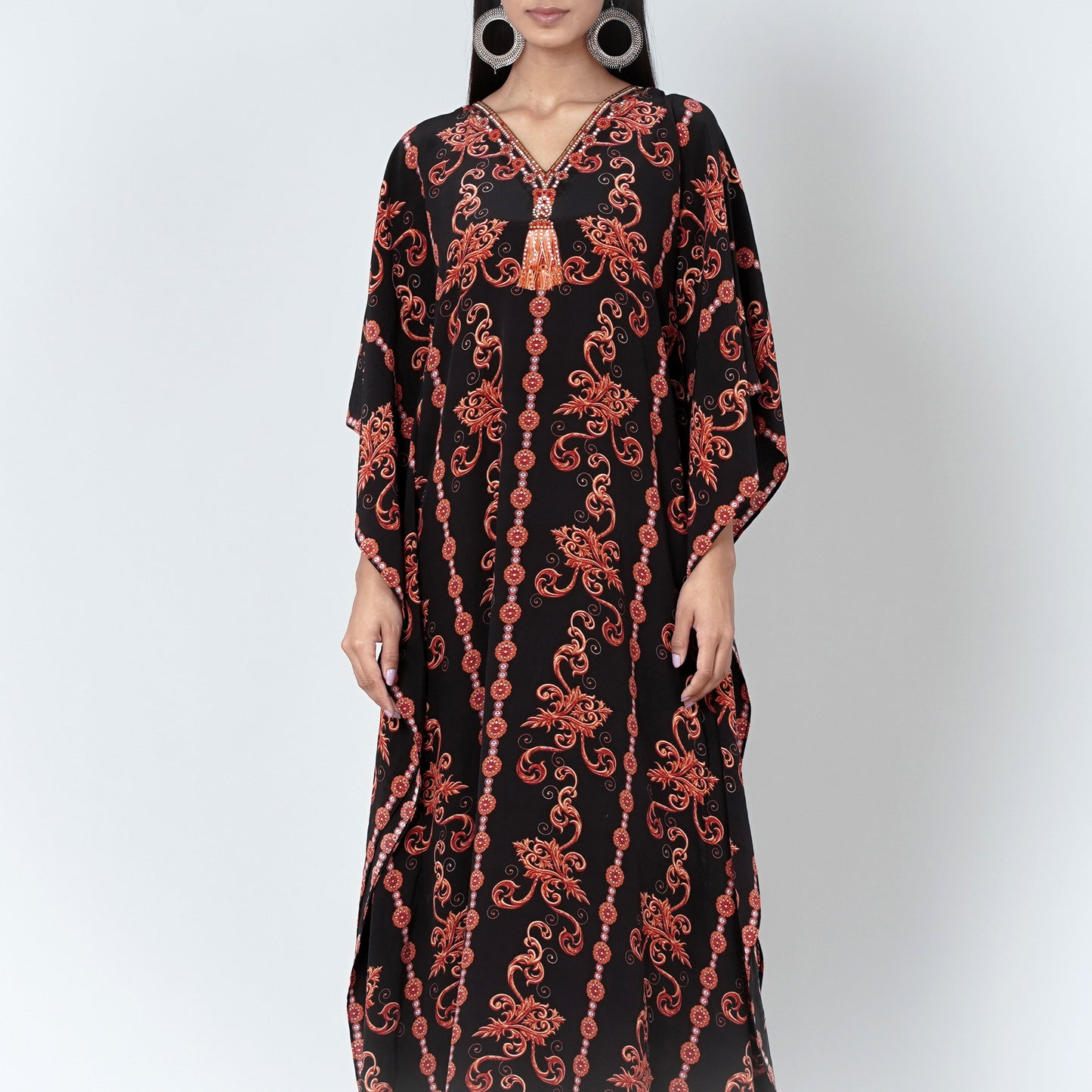 Black and Orange Embellished Silk Full Length Kaftan
