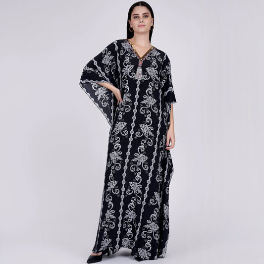 Black and White Embellished Silk Full Length Kaftan