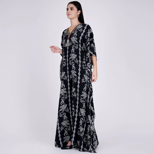 Black and White Embellished Silk Full Length Kaftan