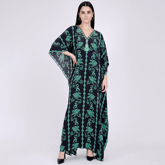 Black and Green Ivy Embellished Silk Full Length Kaftan