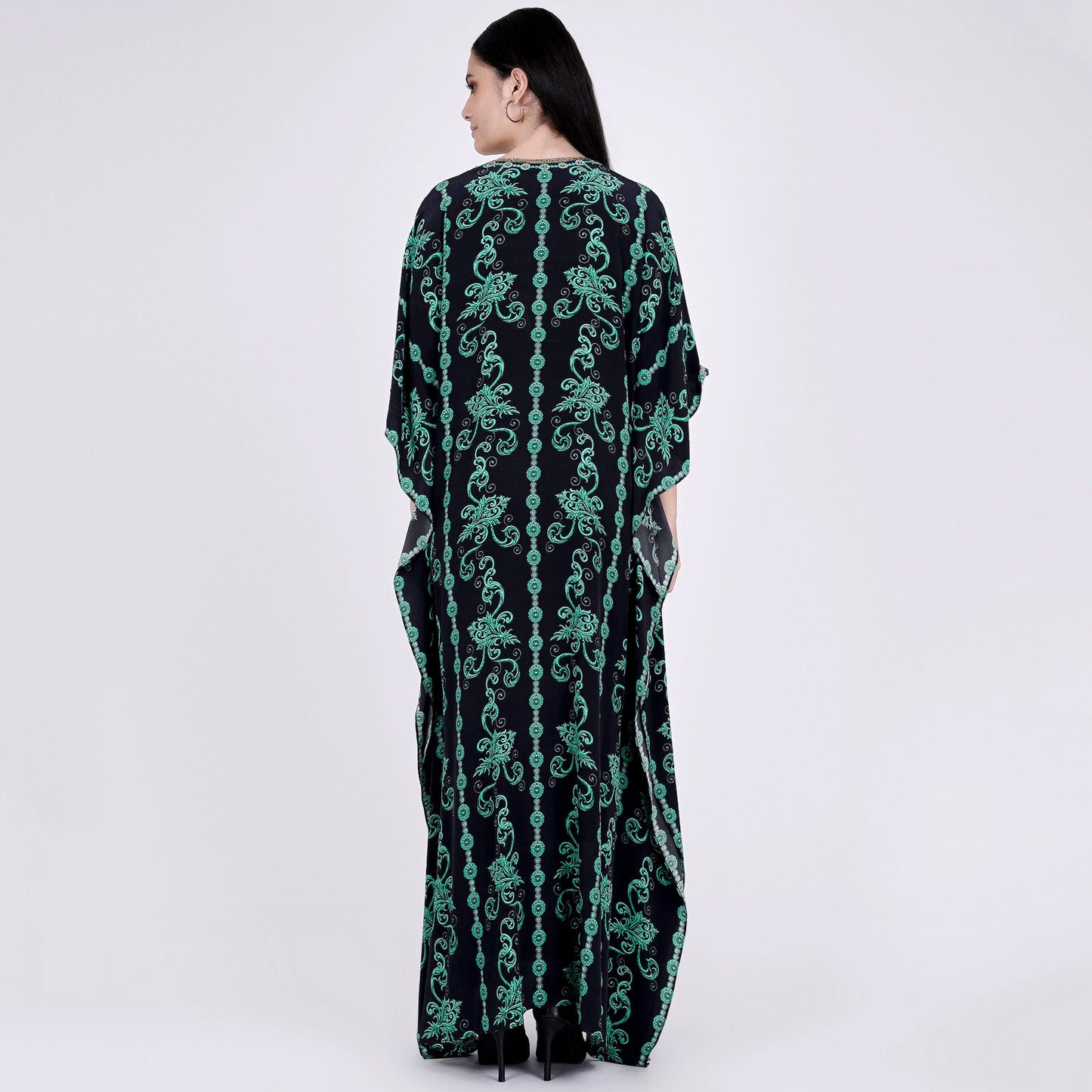 Black and Green Ivy Embellished Silk Full Length Kaftan