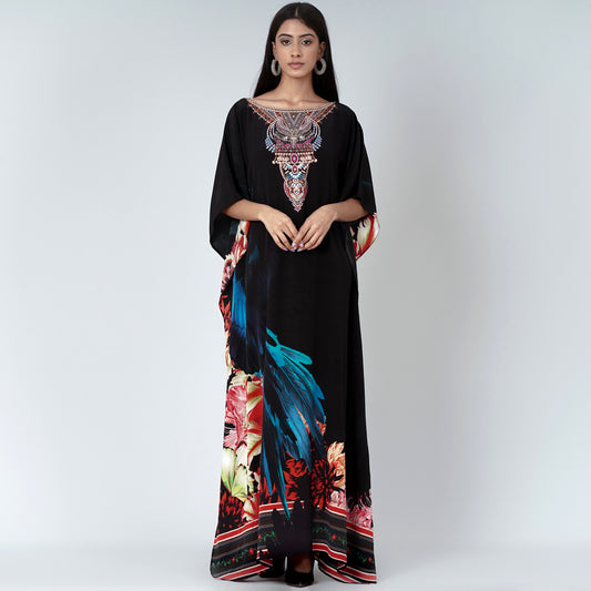 Black and Blue Splash Print Embellished Silk Full Length Kaftan