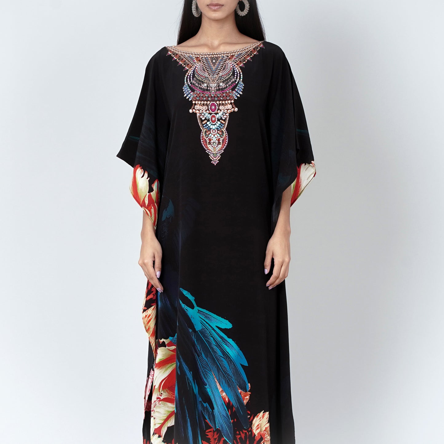 Black and Blue Splash Print Embellished Silk Full Length Kaftan
