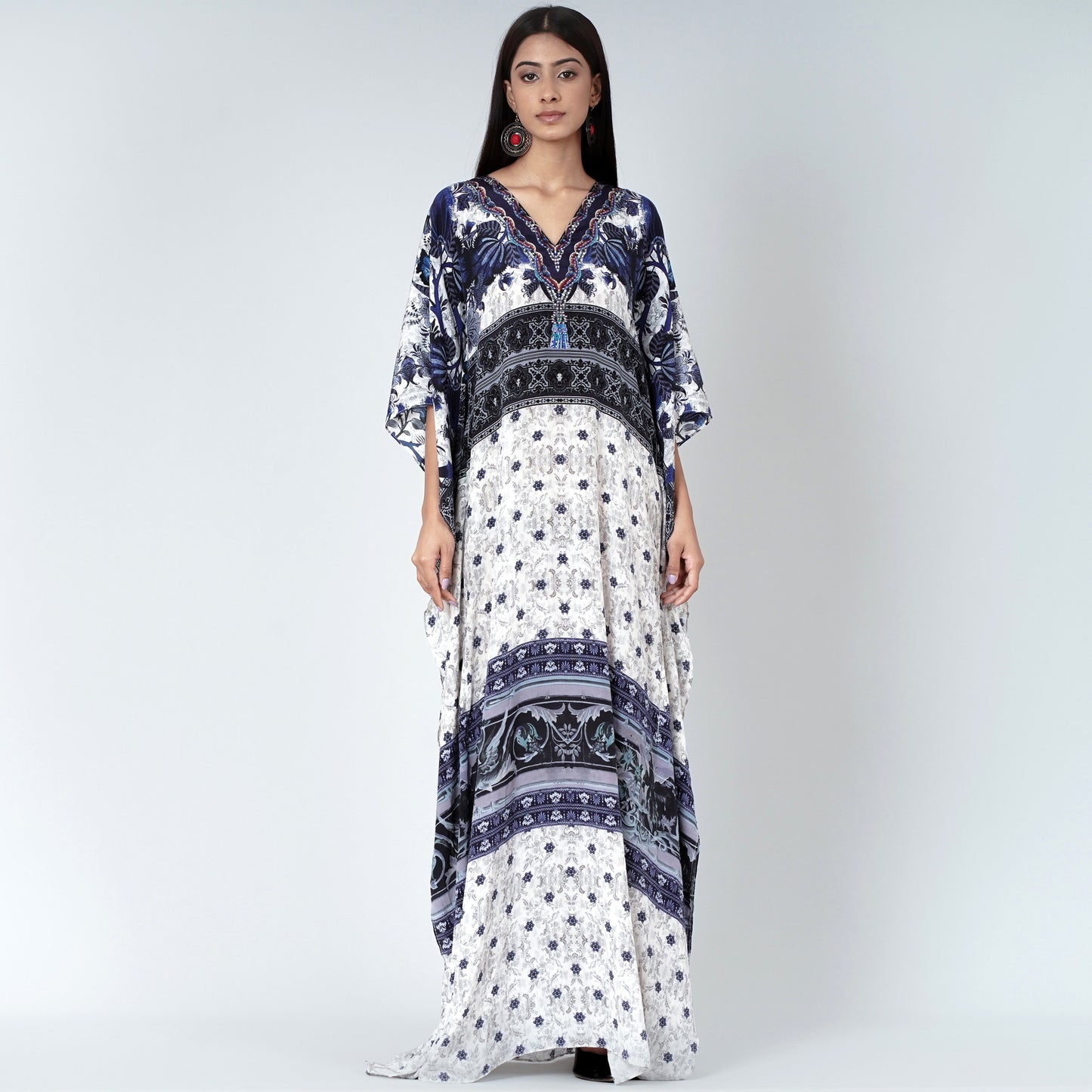 White and Blue Porcelain Print Embellished Silk Full Length Kaftan