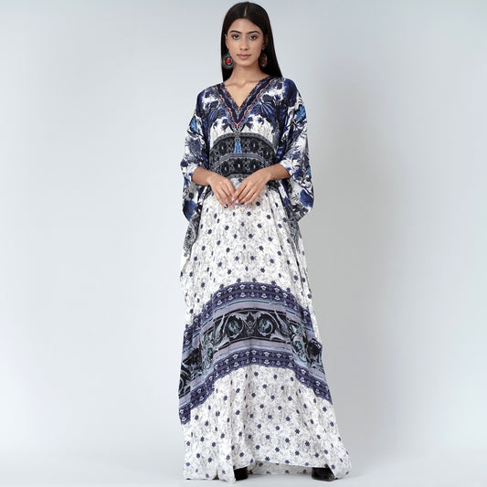 White and Blue Porcelain Print Embellished Silk Full Length Kaftan