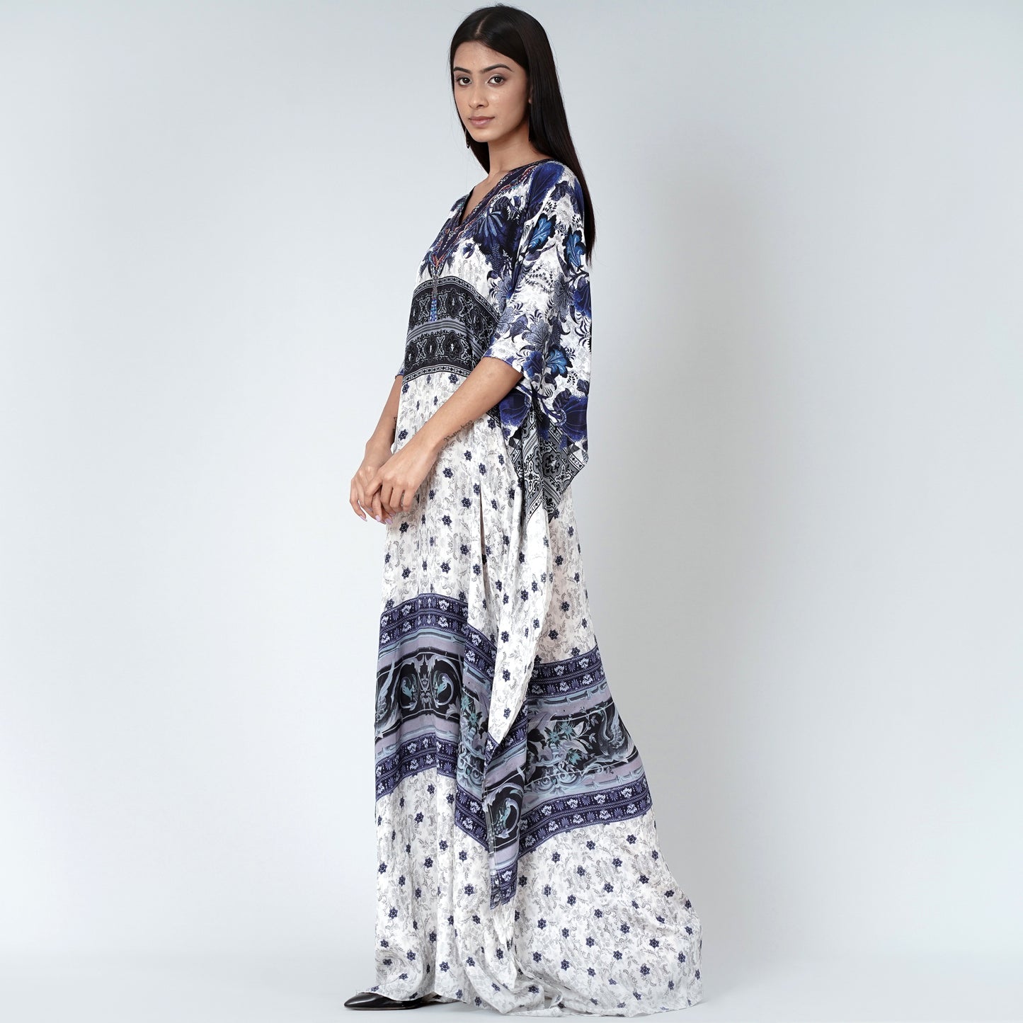 White and Blue Porcelain Print Embellished Silk Full Length Kaftan