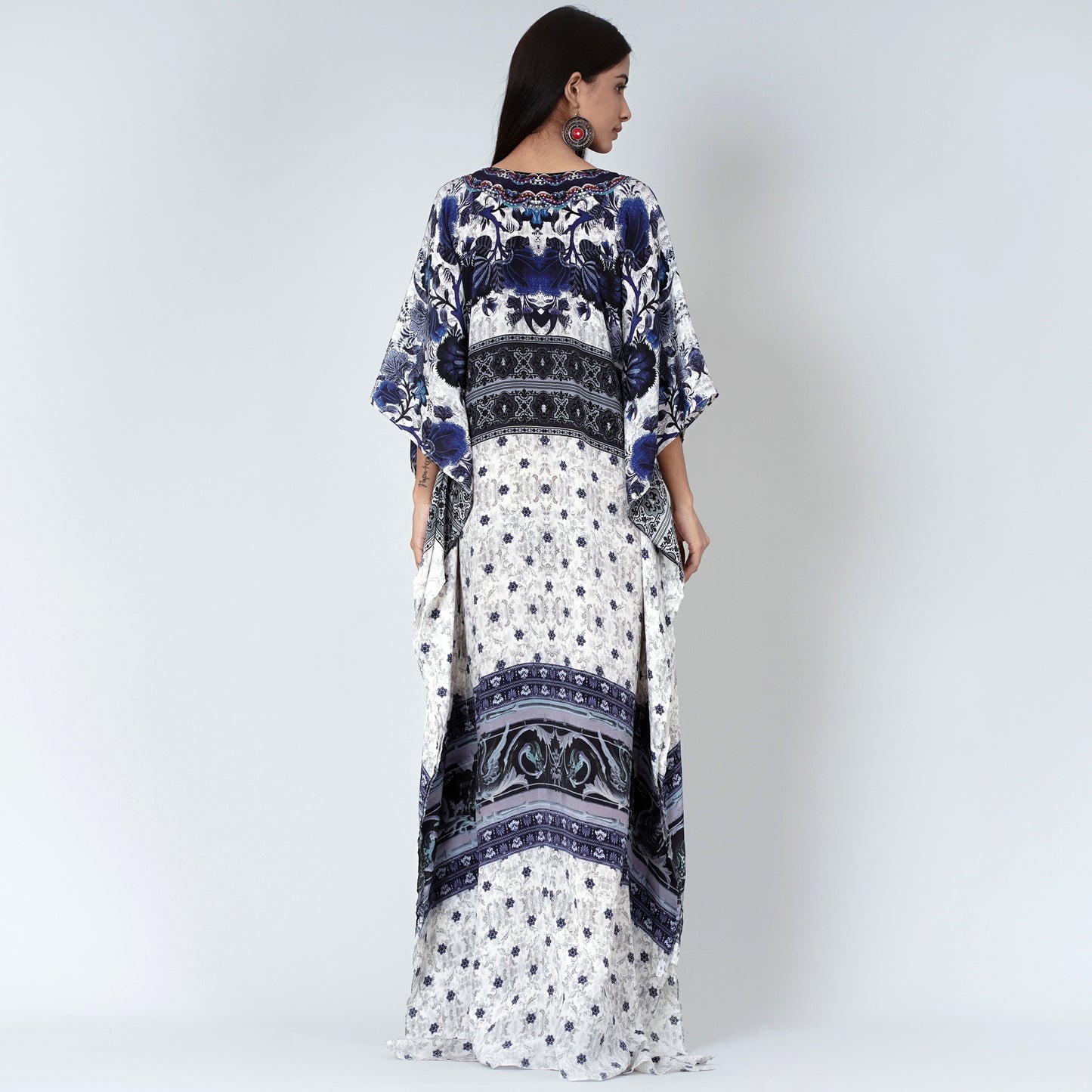 White and Blue Porcelain Print Embellished Silk Full Length Kaftan