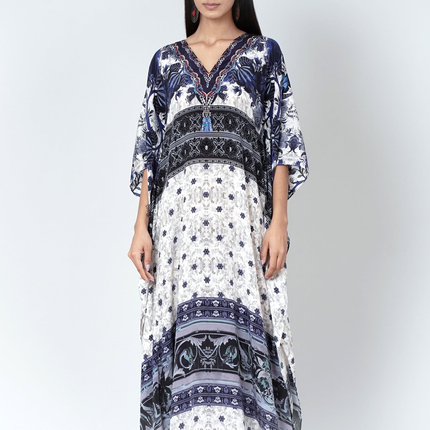 White and Blue Porcelain Print Embellished Silk Full Length Kaftan