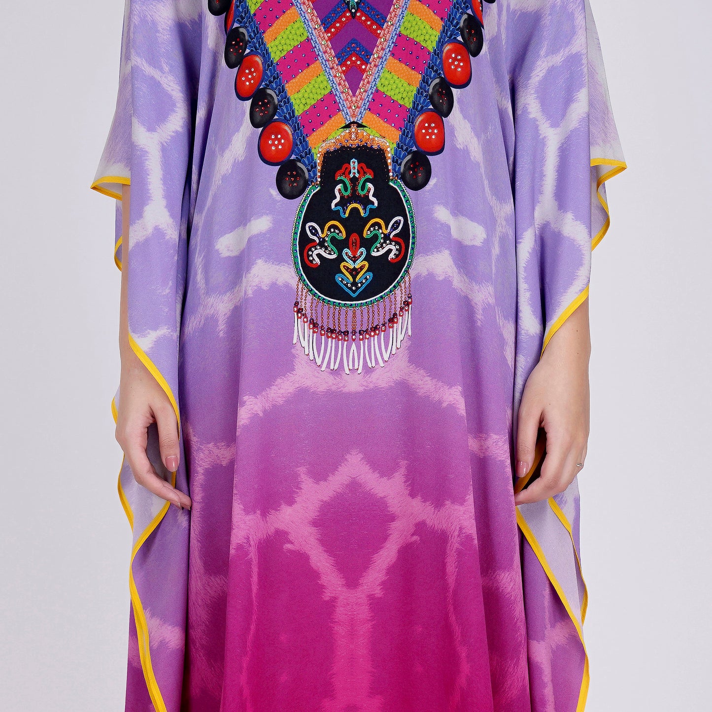 Mauve and Fuschia Ombre Print Embellished Silk Full Length Kaftan