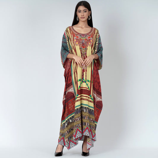 Yellow and Brown Tassel Print Embellished Silk Full Length Kaftan
