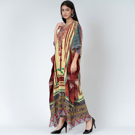 Yellow and Brown Tassel Print Embellished Silk Full Length Kaftan
