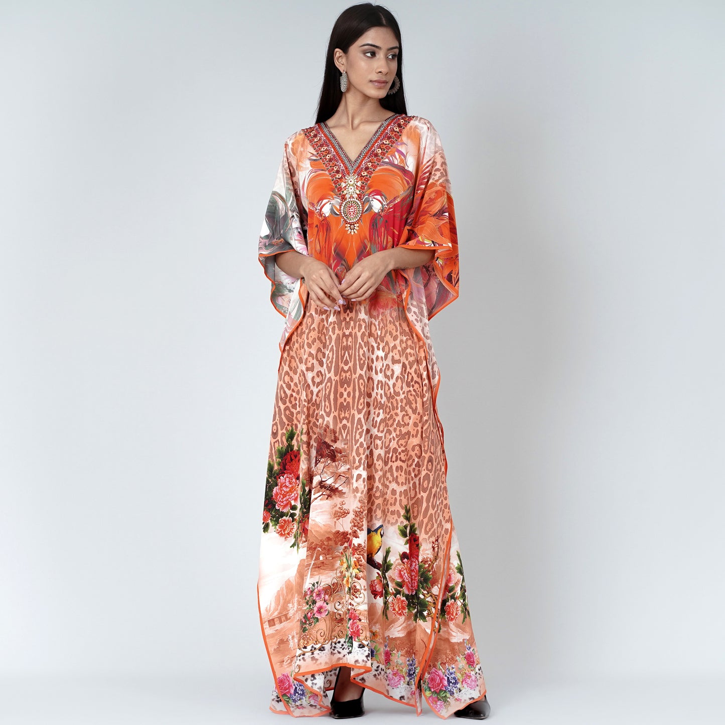 Burnt Orange and Brown Animal Print Embellished Silk Full Length Kaftan